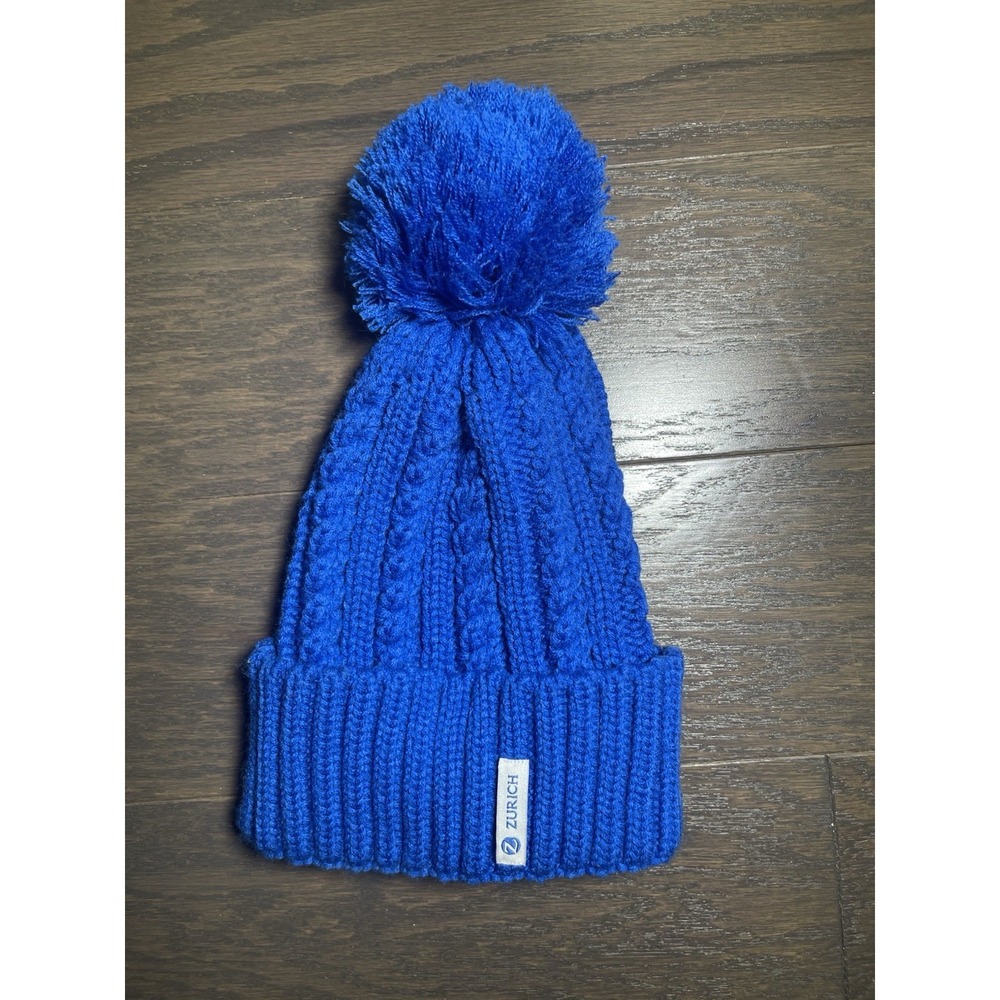 Zurich Beanie Bobble Hat Blue Chunky Knit Made In Europe Wool Acrylic Blend